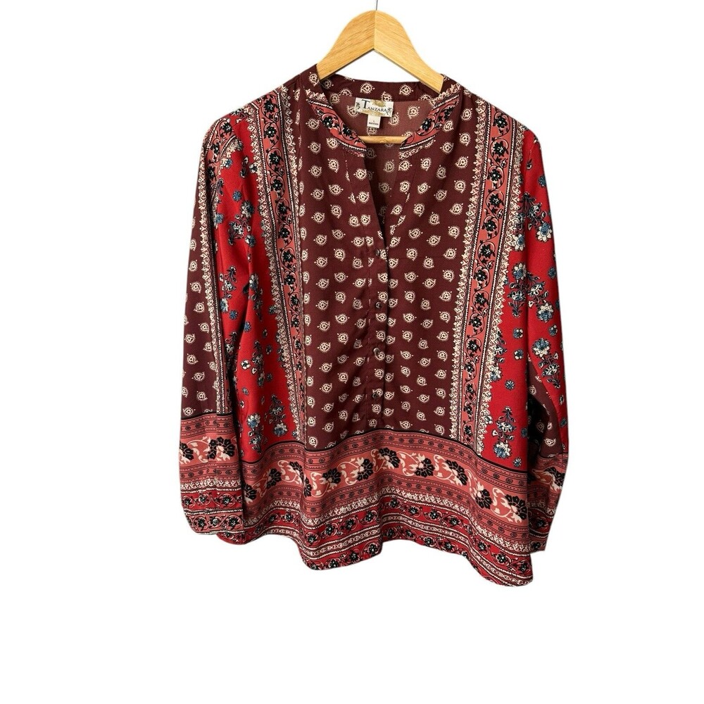 Boho Floral Paisley Border Print Blouse Womens L Burgundy Red Cottagecore India
